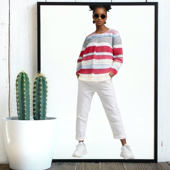 J. McLaughlin Davis Red Blue Cream Mixed Stripe Fringe hem Jacket, Size XS - Picture 2 of 8